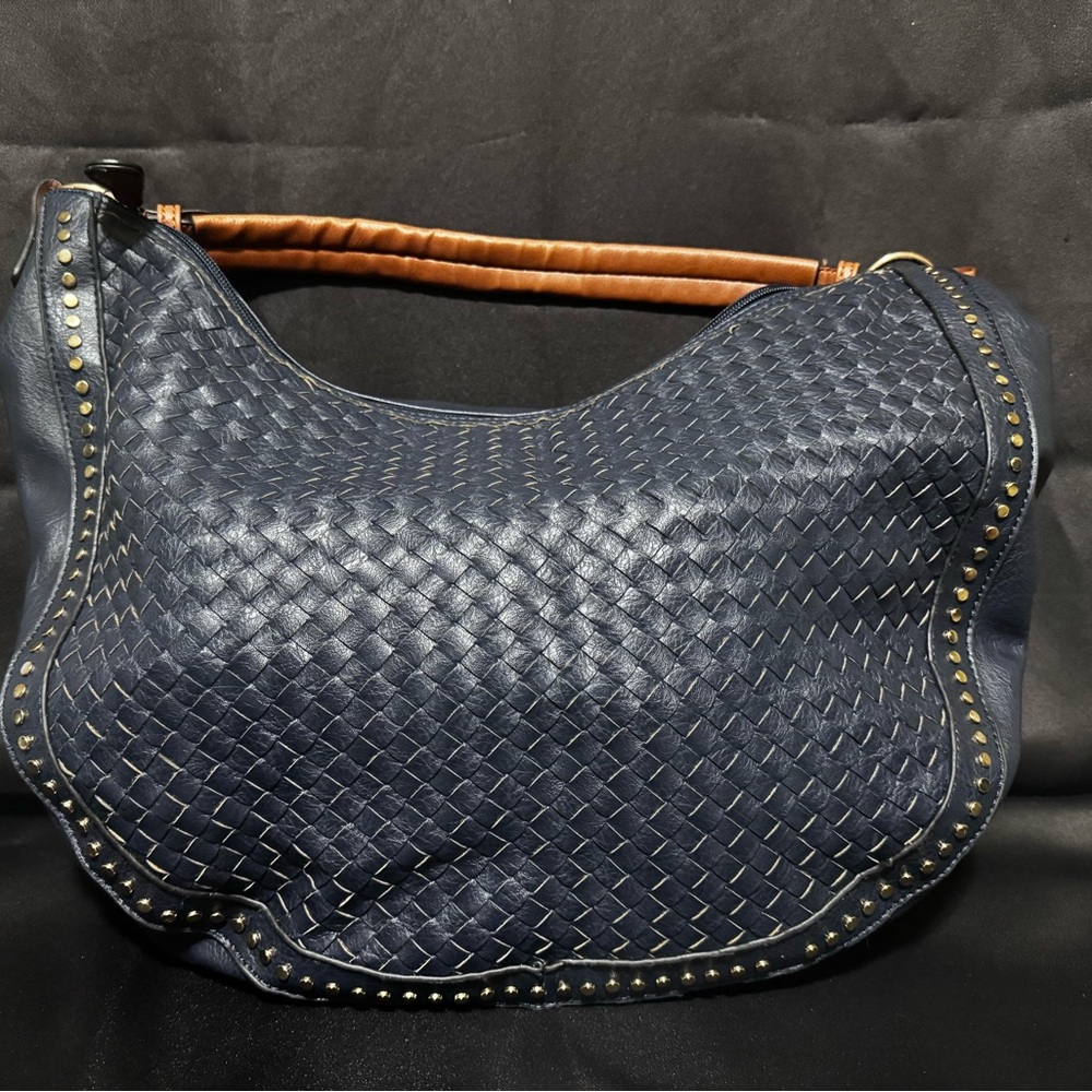 Elegant Blue and Brown Woven Leather Hobo Bag